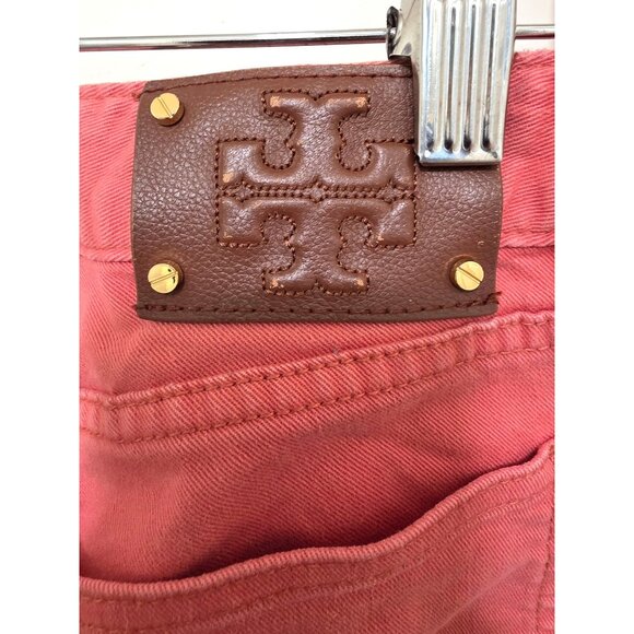 TORY BURCH Women's Coral Pink Straight Leg Jeans Gold Logo Hardware Size 30 - Picture 4 of 10